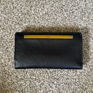 Fossil Black Leather Wallet with Gold Accent